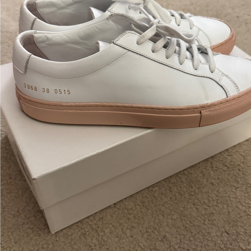 Common Projects White and Tan Sneakers